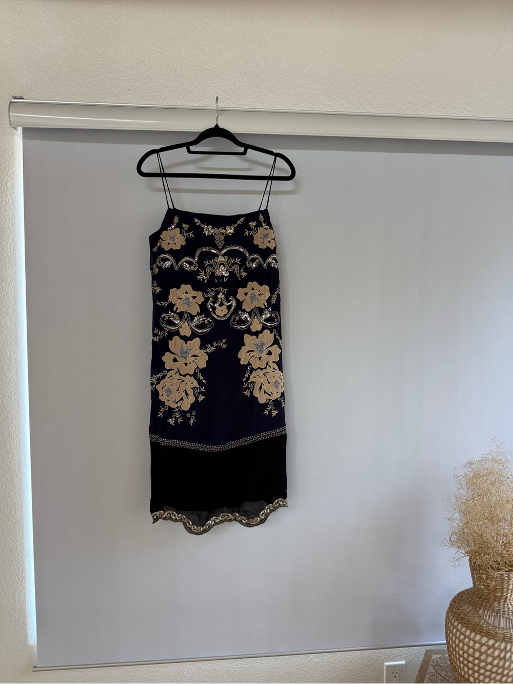Anthropologie Black Slip Dress with Gold Floral Embroidery